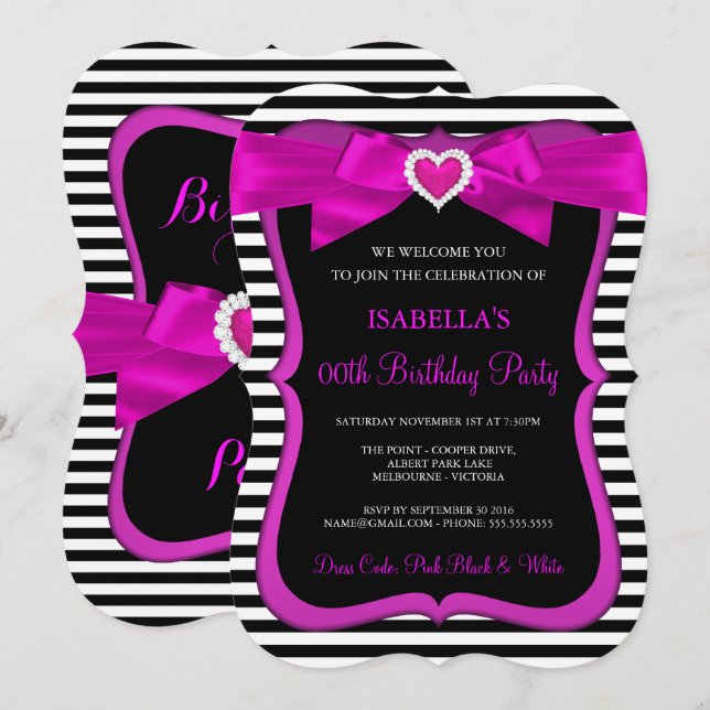 Invitation Nœud papillon rose cœur noir blanc rayé Fête d'ann (Devant / Derrière)