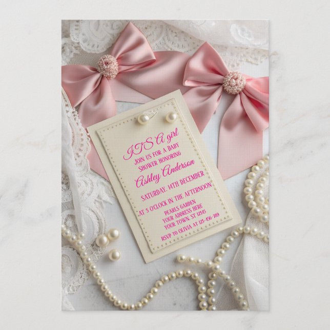 Invitation Nœud Papillon Rose Coquette Perle Élégant Ruban Fê (Devant)