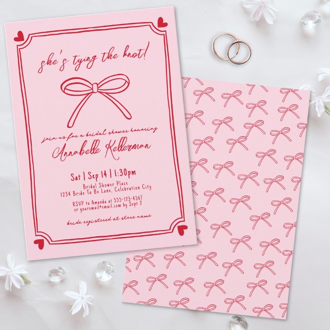 Invitation Noeud Papillon Rose Dessiné à la Main Enterrement  (Tying The Knot Pink Hand Drawn Bow Bridal Shower Invitation )