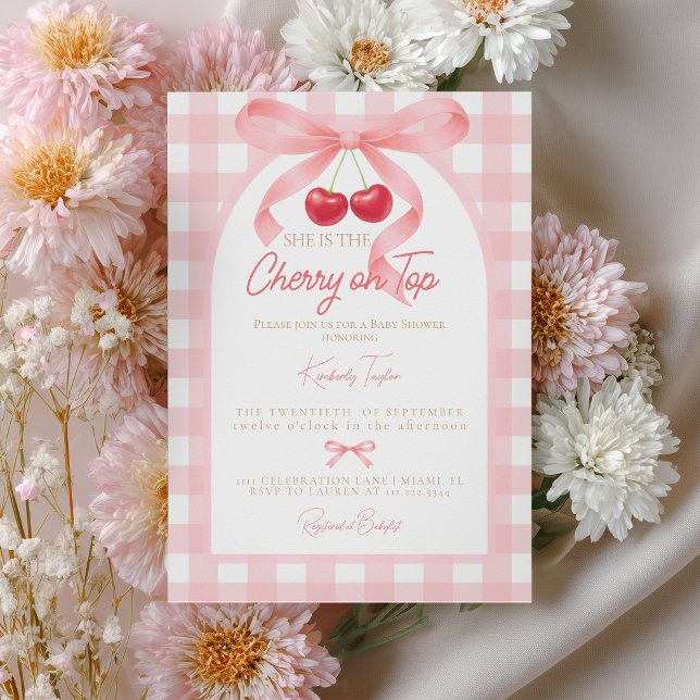 Invitation Nœud Papillon Rose Mignardise Cerise sur le Gâteau (Créateur téléchargé)