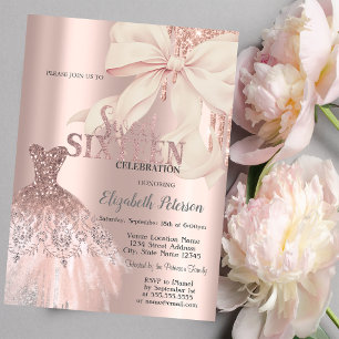 Invitation Nœud papillon rose paillettes gouttes, robe rose o