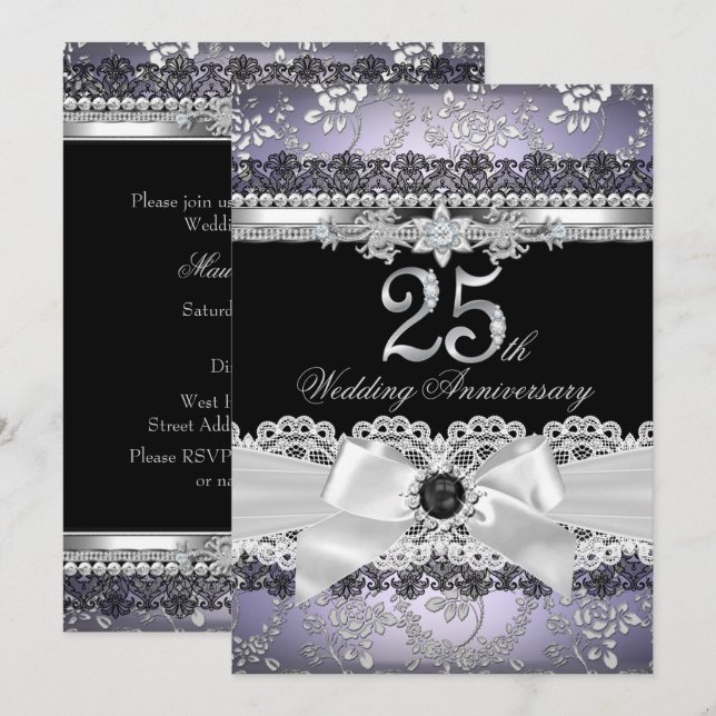 Invitation Nœud Perle Argent Violet 25e Anniversaire (Devant / Derrière)
