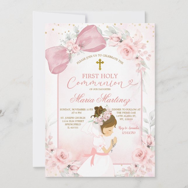 Invitation Nœud Rose Blush Coquette Fille Première Sainte Com (Devant)