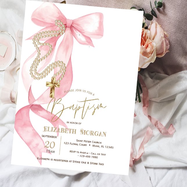 Invitation Nœud rose chic Perles Croix Baptême (Créateur téléchargé)