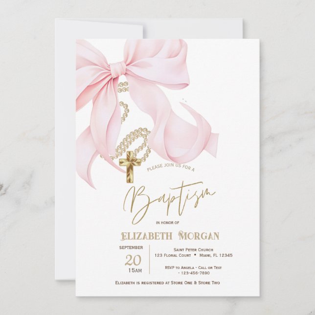 Invitation Nœud rose chic Perles Croix Points Baptême (Devant)