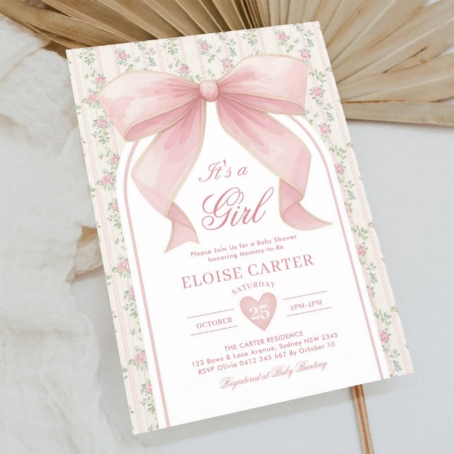 Invitation Nœud Rose Éblouissant Fille Maman Future Baby Show (Créateur téléchargé)