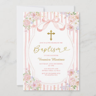 Invitation Nœud Rose Élégant Coquette Fille Baptême Floral Or