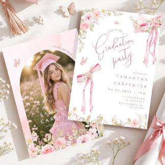 Invitation Nœud rose élégant coquette FLORAL photo de remise