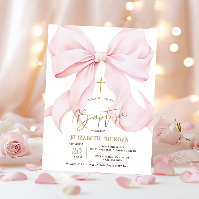 Invitation Nœud rose élégant croix dorée points baptême (Créateur téléchargé)
