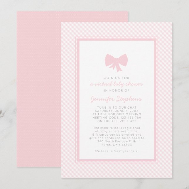 Invitation Nœud rose en vichy shower virtuel pour bébé (Devant / Derrière)