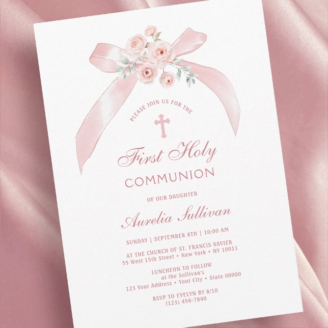 Invitation Nœud Rose Floral Première Sainte Communion (Créateur téléchargé)