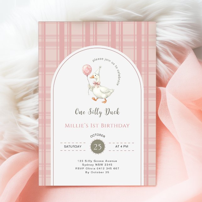 Invitation Nœud Rose Gingham Un Canard Idiot Fête du 1er Anni (Créateur téléchargé)