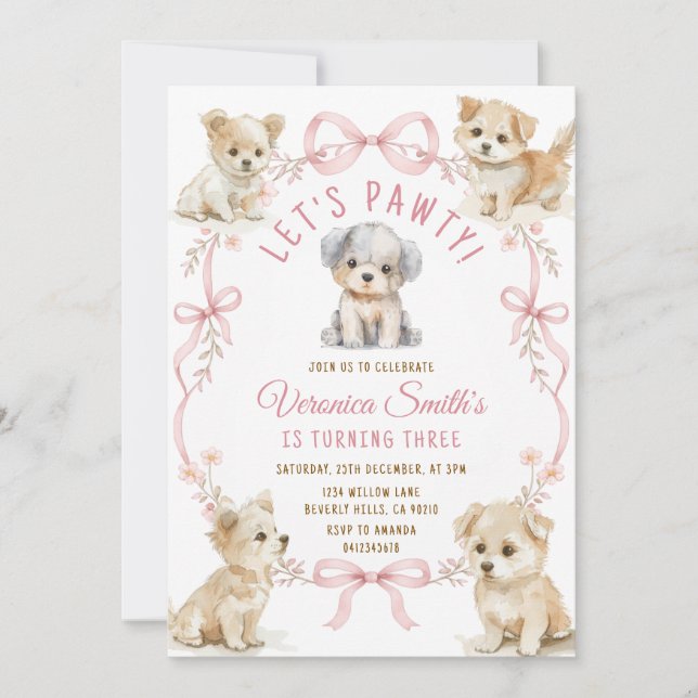 Invitation Nœud Rose Mignon Anniversaire de Chiot pour Filles (Devant)