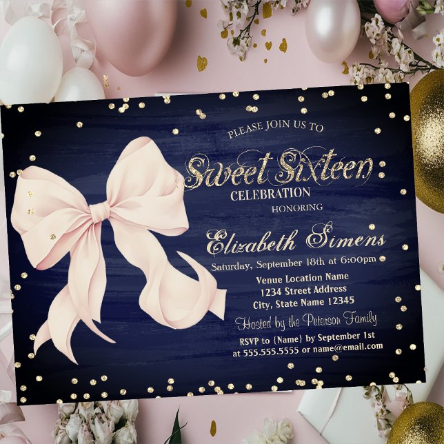 Invitation Nœud Rose Or Diamants Bleu Marine Sweet 16 (Créateur téléchargé)