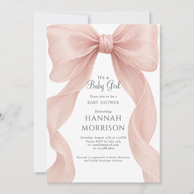 Invitation Nœud Rose Pâle Bébé Fille Shower Coquette (Devant)