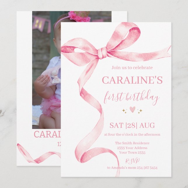 Invitation Nœud Rose Pâle Pastel 1er Anniversaire  (Devant / Derrière)