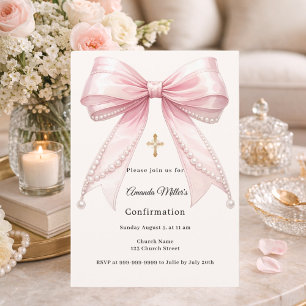 Invitation Nœud rose perles CREAM fille élégante Confirmation