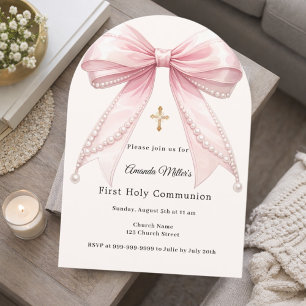 Invitation Nœud rose perles ivoire fille Première Communion A