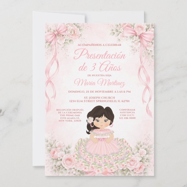 Invitation Nœud Rose Rougeoyant Présentation de Fille Espagno (Devant)