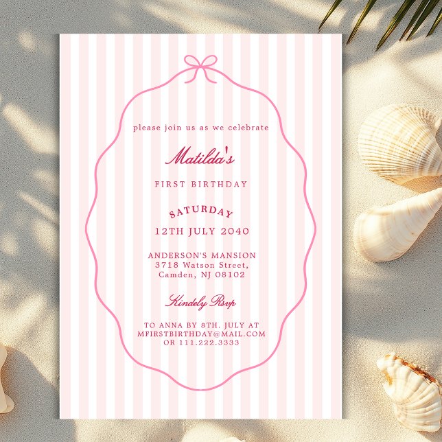 Invitation Nœud Rose Rubis Rayures Classique Anniversaire Fil (Créateur téléchargé)