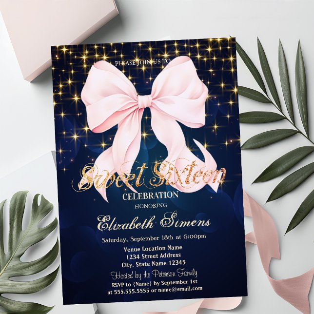 Invitation Nœud rose scintillant bleu marine (Créateur téléchargé)
