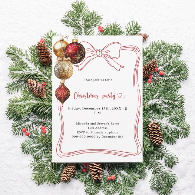 Invitation Noeud rouge baubles dorés Fête de Noël (Créateur téléchargé)
