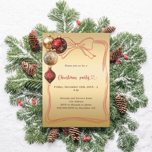 Invitation Noeud rouge baubles dorés Fête de Noël (Créateur téléchargé)