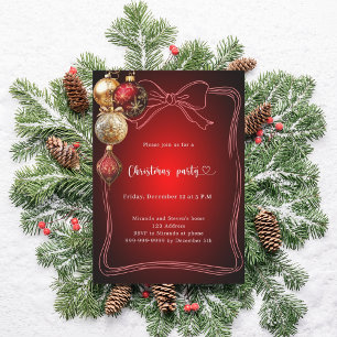 Invitation Nœud rouge baubles dorés Noël Party dessinés à la