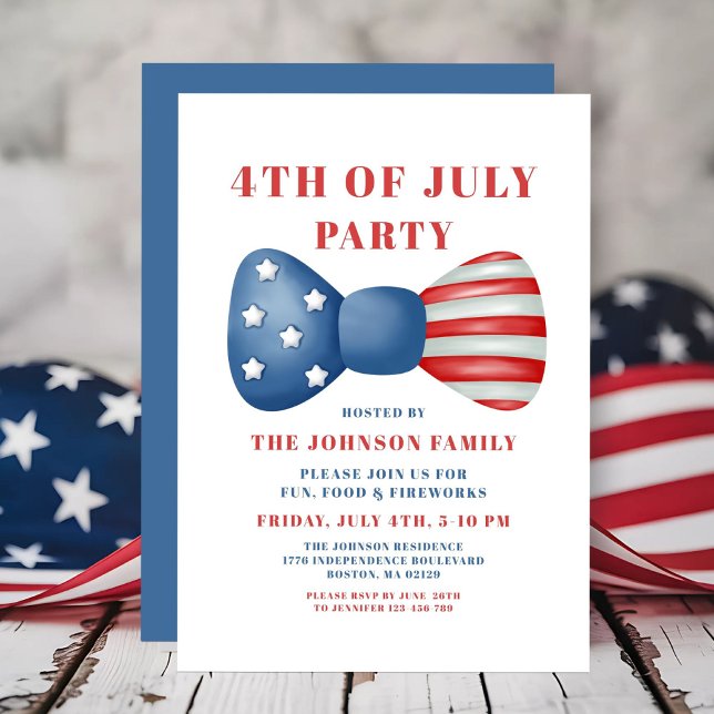 Invitation Nœud Rouge, Blanc Et Bleu 4 Juillet (Red, White And Blue Bow 4th Of July Invitation)