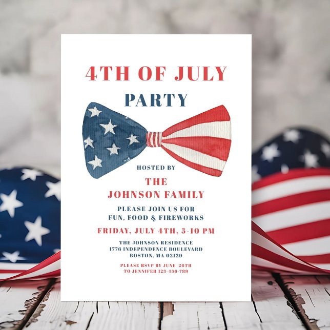 Invitation Nœud Rouge, Blanc Et Bleu 4 Juillet (Red, White And Blue Bow 4th Of July Invitation)