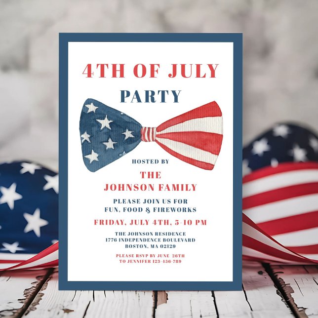 Invitation Nœud Rouge, Blanc Et Bleu 4 Juillet (Red, White And Blue Bow 4th Of July Invitation)