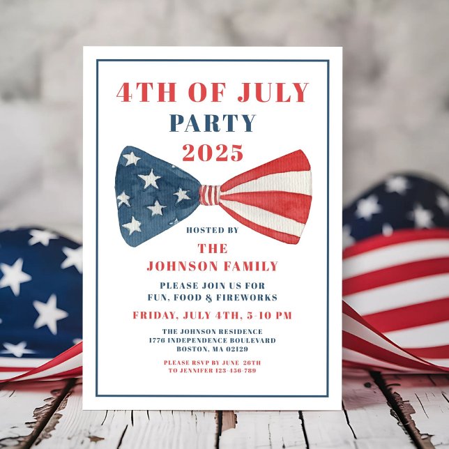 Invitation Nœud Rouge, Blanc Et Bleu 4 Juillet (Red, White And Blue Bow 4th Of July Invitation)