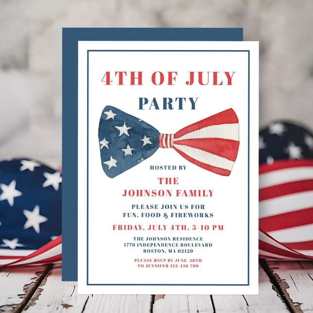 Invitation Nœud Rouge, Blanc Et Bleu 4 Juillet (Red, White And Blue Bow 4th Of July Invitation)