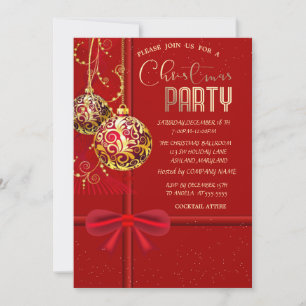 Invitation Nœud rouge élégant, boules de Noël Société de Noël