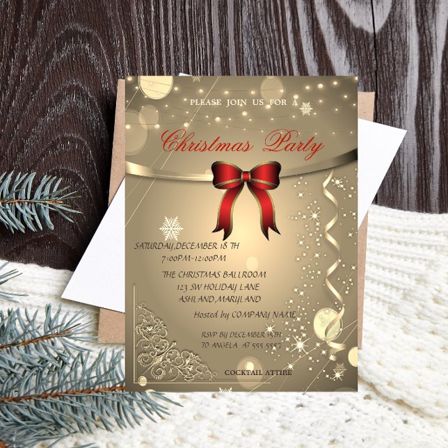 Invitation Nœud Rouge Élégant, Fête de Noël de la Société de  (Créateur téléchargé)