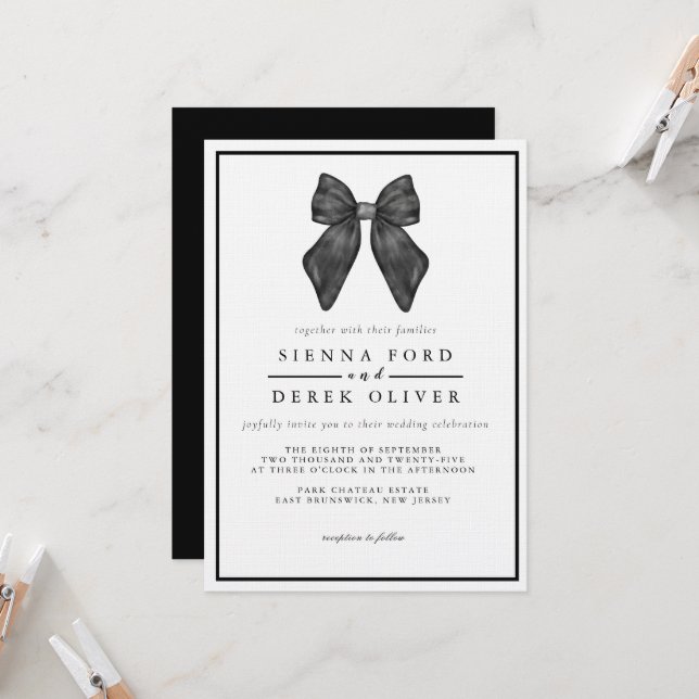 Invitation Nœud Ruban Mariage Classique Noir & Blanc (Devant/Arrière en situation)