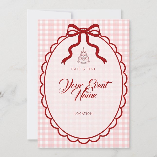 Invitation Nœud ruban rouge gingham rose (Devant)