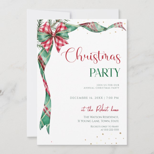Invitation  Nœud Ruban Vert Rouge Fête de Noël  (Devant)