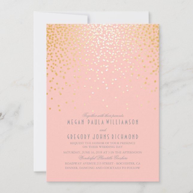 Invitation Noeud Vintage Confetti Rose et Or (Devant)