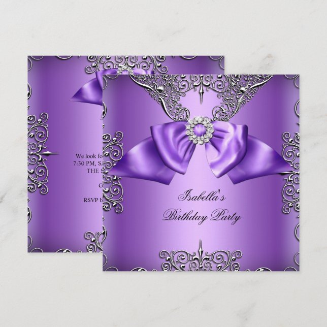 Invitation Nœud Violet Diamant Argent Élégant Fête d'annivers (Devant / Derrière)