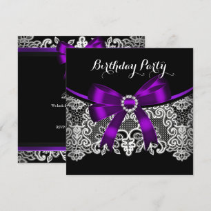 Invitation Nœud Violet Élégant Dentelle Noire Anniversaire Bl