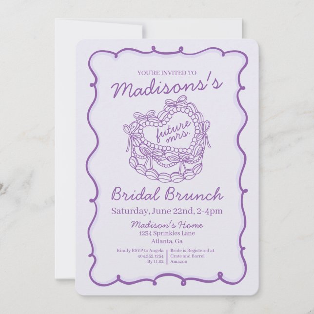 Invitation Nœud Violet Rétro Cœur Coquette Gâteau Mariage Pet (Devant)