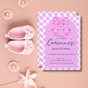 Invitation Nœuds à pois roses gingham carreaux baby shower