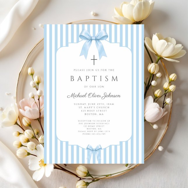 Invitation Nœuds Coquette Bleu Élégant Baptême Garçon (Elegant Blue Coquette Bows Boy Baptism Invitation)