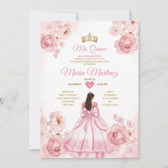 Invitation Nœuds de ruban rose aquarelle Mis Quince (Devant)