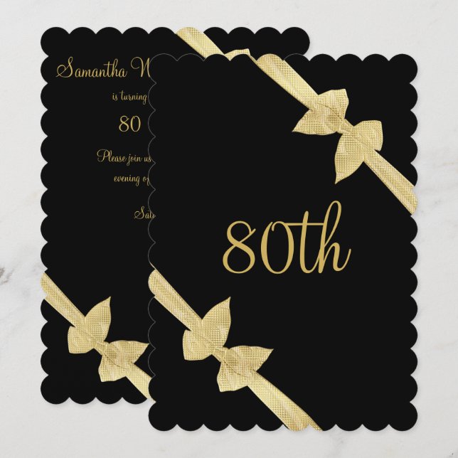Invitation Nœuds en Faux Or Élégants 80e Anniversaire (Devant / Derrière)