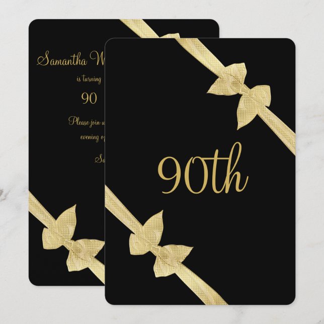 Invitation Nœuds en Faux Or Élégants 90e Anniversaire (Devant / Derrière)