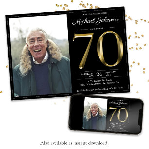 Invitation Noir 70e Anniversaire Or Texte Classy Photo modern