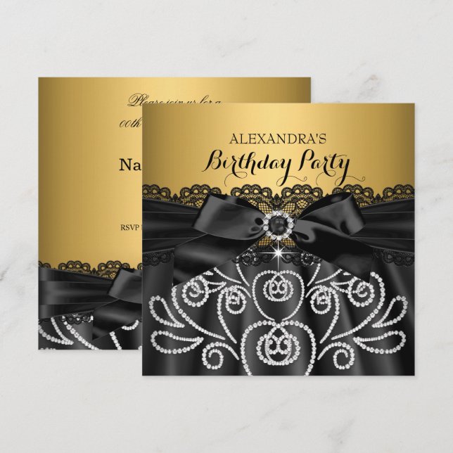 Invitation Noir à dentelle dorée avec faux diamants pour fête (Devant / Derrière)
