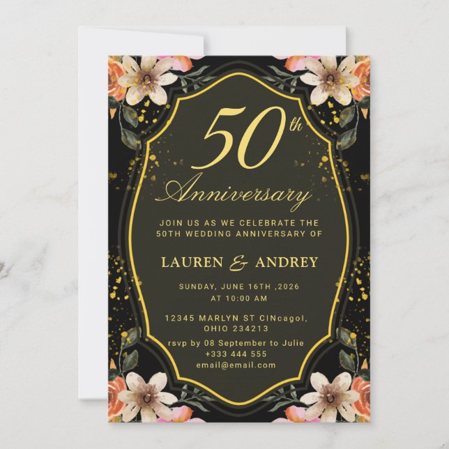 Invitation Noir Anniversaire de mariage doré (Devant)